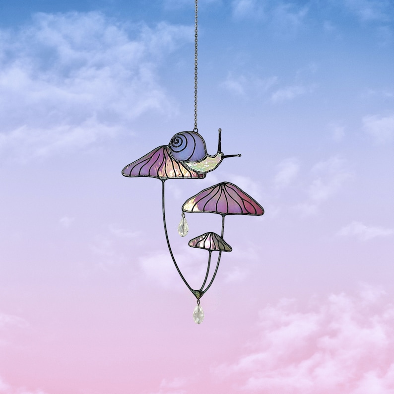 Mushrooms with Snail Stained Glass Window Hangings. Pink Suncatcher Mushrooms for Home Decoration.