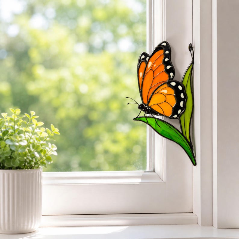 Monarch butterfly stained glass suncatcher. Whimsical christmas gift. Handmade butterfly window hanging, gift for mom, modern home decor