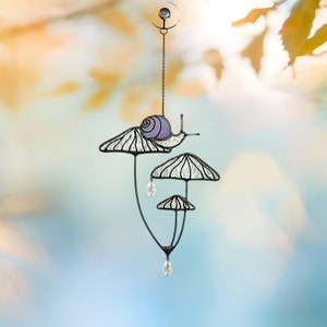 Mushrooms with Snail Stained Glass Window Hangings. Suncatcher Mushrooms for Home Decoration.