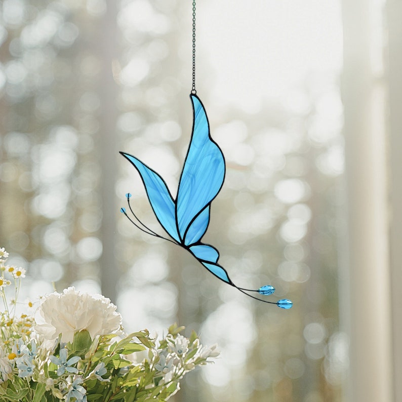 Butterfly Suncatcher. Handmade Stained Glass Art Window Decor. Beautiful Blue Butterfly