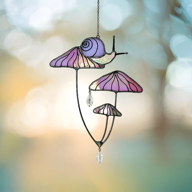 Mushrooms with Snail Stained Glass Window Hangings. Pink Suncatcher Mushrooms for Home Decoration.