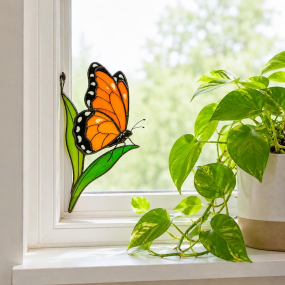 Monarch butterfly stained glass suncatcher. Whimsical christmas gift. Handmade butterfly window hanging, gift for mom, modern home decor