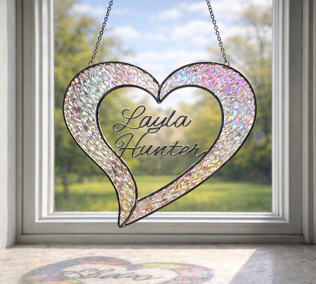 Personalized stained glass heart suncatcher. Beautiful window hanging handmade gift. Custom wedding gift with lovers' names made of wire