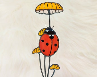 Valentine's Day Special Ladybug Stain Glass Plant Stake: Unique Garden Accessory for Indoor and Outdoor Gardens