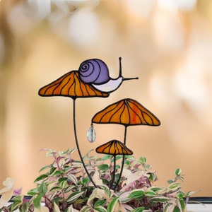 Magical Snail on Orange Mushroom Plant Stake. Enchanting Stained Glass Garden Decoration