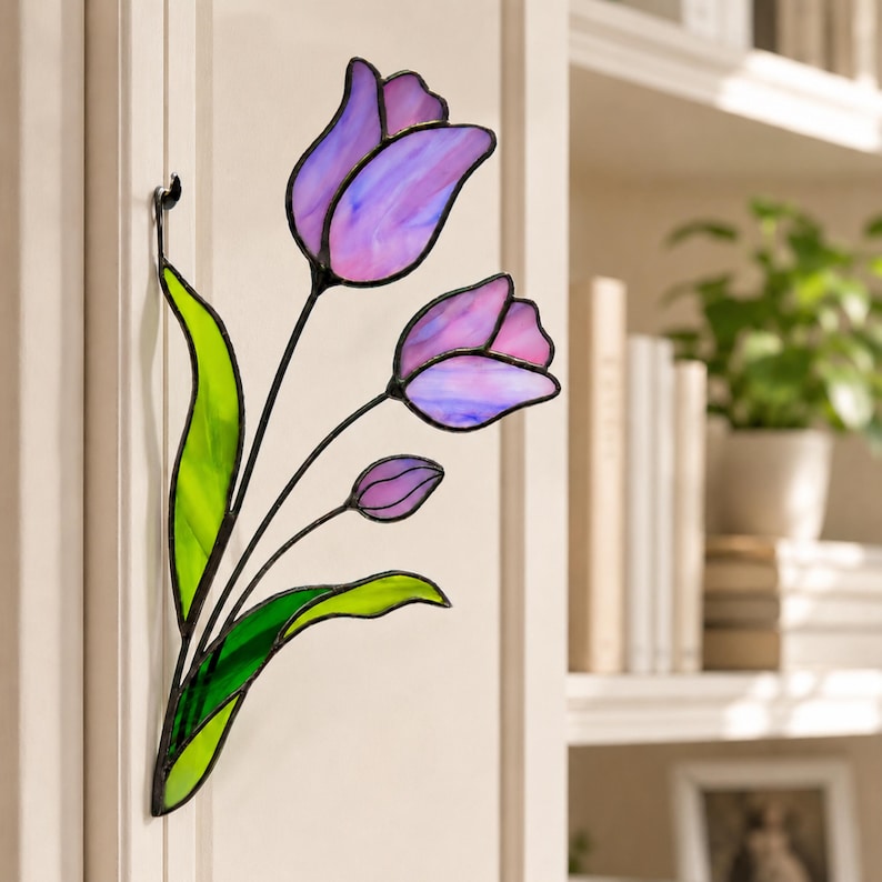 Stained Glass Purple Tulips Corner Suncatcher. Remembrance Flower Gift, Memorial Window Decor, Handmade Sympathy Gift for Loved One