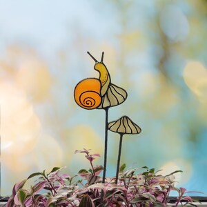 Stained Glass Orange Snail on Mushrooms Plant Stake
