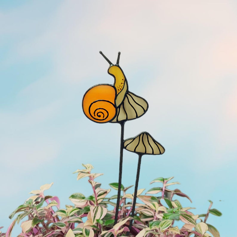 Stained Glass Orange Snail on Mushrooms Plant Stake