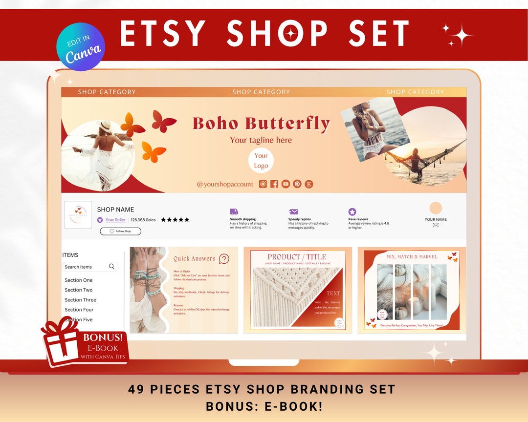 Etsy Shop Template Set, Etsy Shop Bundle, Boho Butterfly Etsy Branding