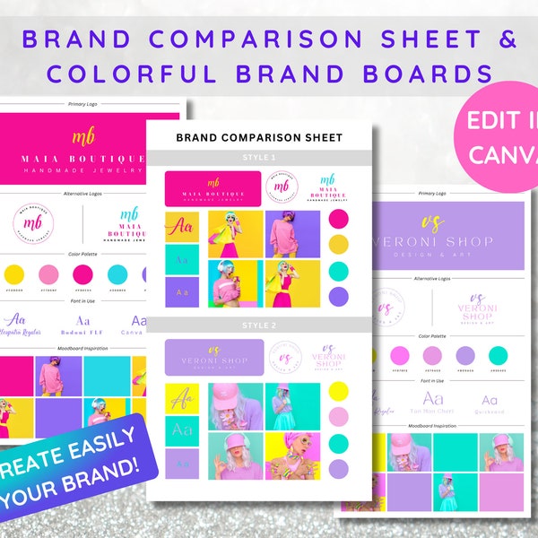 Brand Board Comparison Sheet , Brand Board Templates, Color Pop Style Brand Boards