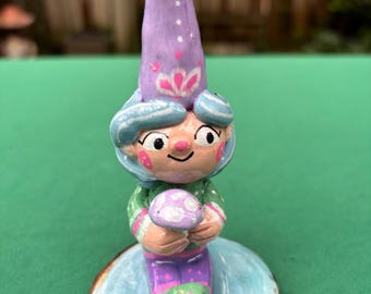 Mini garden gnome with her favorite mushroom to brighten your desk, indoor plants, garden or patio. One of a kind!