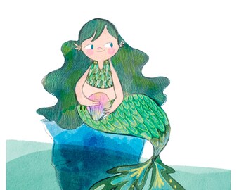 Mermaid art illustration print, Perfect gift for kids and adults who love the ocean and finding seashells by the shore.