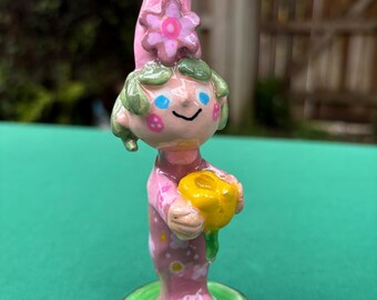 Mini  garden gnome girl  with her favorite tulip flower to brighten your desk, indoor plants, garden or patio. One of a kind!