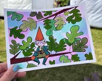 Gnome having a cup of tea in tree art print. Archival giclee 5x7 print.