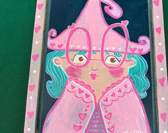 Sweet pink witch acrylic painting on wood panel, ready to cast a love spell.