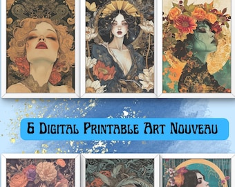 Digital Wall Art Nouveau Women - 6 High-Quality PNGs in 4 Sizes, Art Nouveau Picture, Woman Portraits, Romantic Home Decor,Digital Art Print