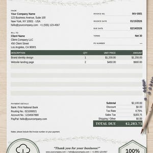 Sage Cream Invoice Template | Small Business, Freelancer Billing (Excel Download) | Single Page | Automated Formulas | US letter, A4