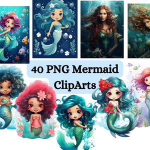 40 PNG Meerjungfrau Clipart Bundle: Aquarell Meerjungfrau, Hyperrealistische Meerjungfrau, Kleine Meerjungfrau png, Afro Meerjungfrau, Sirene Clipart, Scrapbooking