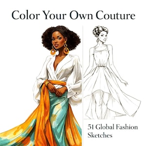 51 páginas para colorear de vestidos de moda mundial – Looks globales / Tablero de inspiración de moda imprimible / Para soñadores de estilo, ¡despierten su creatividad interior!