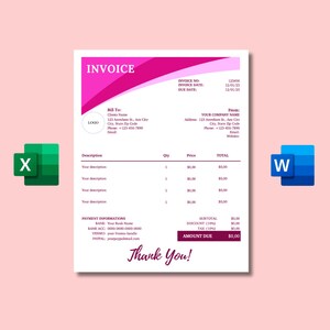 May include: A pink and white invoice template with the word "INVOICE" in bold, black letters. The invoice includes sections for billing information, payment information, and a thank you message. The invoice number is 123456, the invoice date is 12/01/23, and the due date is 12/01/23.