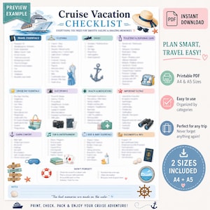 May include: A printable cruise vacation checklist with categories like travel essentials, clothing, and fun & entertainment. Includes a cruise ship illustration, a hat, and the text "Cruise Vacation Checklist". Available in A4 and A5 sizes.