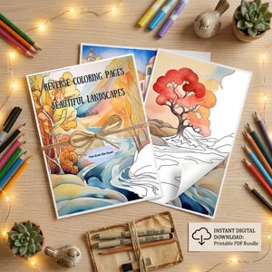 Pode incluir: Um conjunto de páginas de colorir invertido intitulado REVERSE COLORING PAGES BEAUTIFUL LANDSCAPES de Dilululi, com ilustrações de paisagens com fundos coloridos e arte de linhas pretas, atadas com cordel, junto a lápis de cor e uma nota.