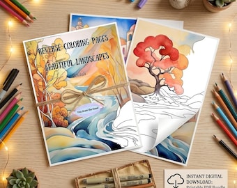 Páginas para colorear al revés / 34 paisajes en acuarela para imprimir en PDF / Arteterapia para adultos / Descarga instantánea