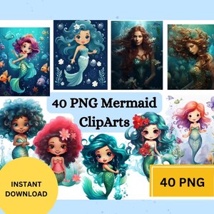40 PNG Meerjungfrau Clipart Bundle: Aquarell Meerjungfrau, Hyperrealistische Meerjungfrau, Kleine Meerjungfrau png, Afro Meerjungfrau, Sirene Clipart, Scrapbooking