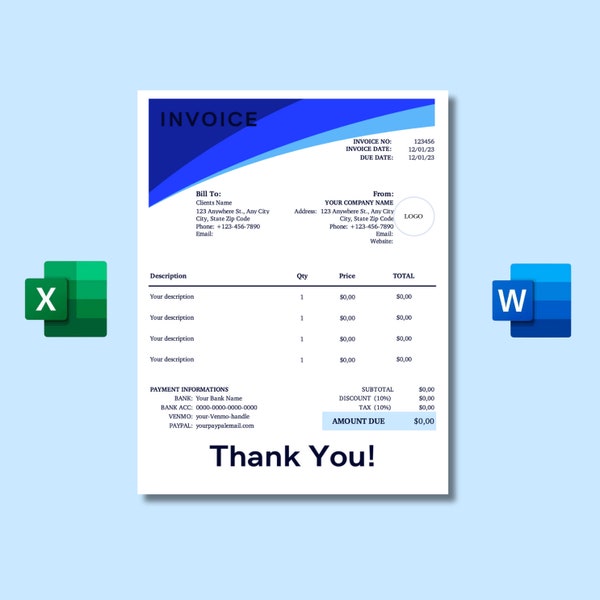 Blue Invoice Template: suitable for Small Business, Professional Invoice, Invoice Template Download, Small Business Solution for Payments