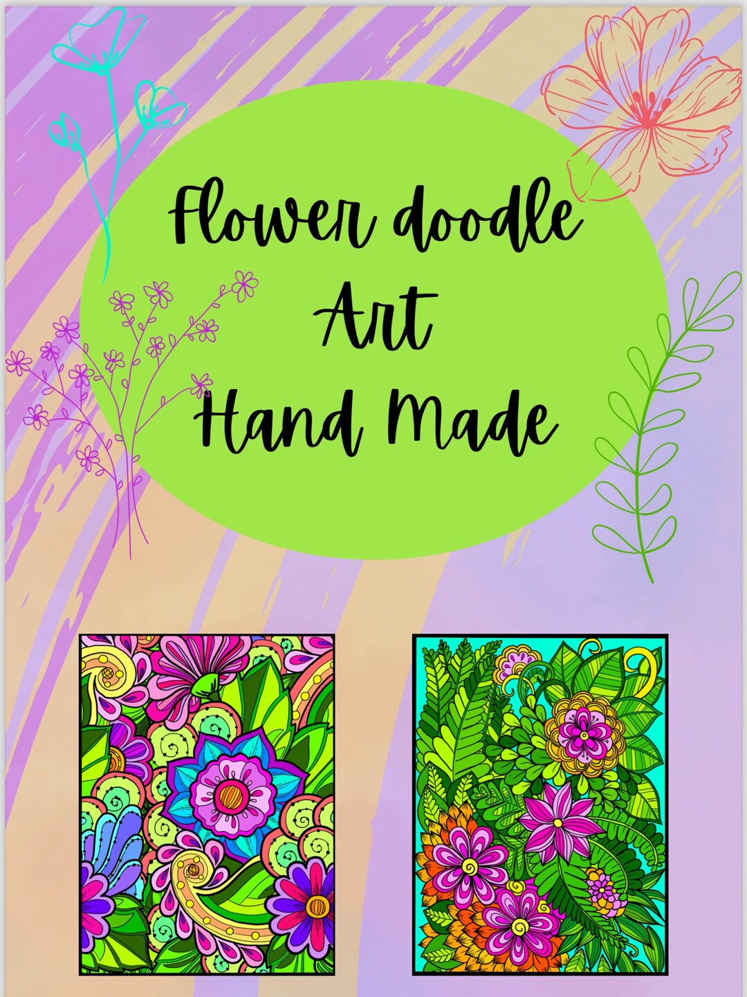 Flower Doodle Art Hand Made Illustration, 2 Unique Designs, Black and