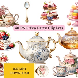 Tea Party ClipArt Bundle, Tea Set ClipArt, Teapots, Floral Decor, Macaron ClipArt, Cake Slices, Cute Cupcakes Stand, Macaron Tower