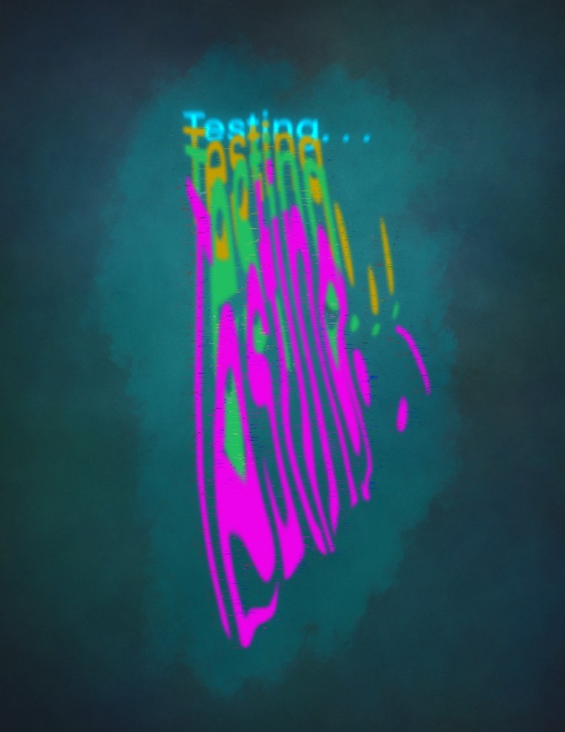 Puede incluir: Una imagen de arte digital con la palabra "Testing..." repetida varias veces en una fuente distorsionada y con errores. El texto est&aacute; en tonos de azul, verde y amarillo, y el fondo es de color verde azulado oscuro.