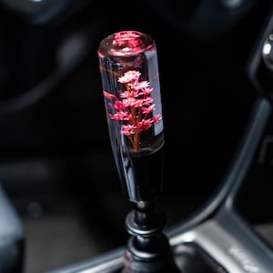 May include: A car gear stick knob with a clear, cylindrical top containing pink flowers. The base is black and the shift lever is visible in the background. The car's interior is dark.
