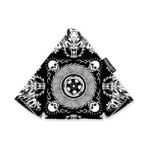 May include: Black and white triangular bandana featuring a central wheel design surrounded by a dragon and skull pattern. The bandana has a repeating design of dragons and skulls. The text "LOWRED" is visible on the right side.