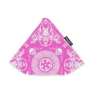 May include: Pink and white bandana with a dragon, skulls, and wheel design. The bandana has a triangular shape and features the text "LOWRED" on a black label.