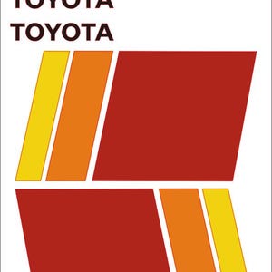 Puede incluir: Diseño gráfico con la palabra "TOYOTA" en negro, repetida varias veces. El diseño incluye formas geométricas rojas, naranjas y amarillas sobre un fondo blanco. Es un logotipo.