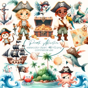 Piraten Abenteuer Aquarell Clipart Set, niedliche Illustrationen im maritimen Stil, Piraten Jungen, Schatz, Schiff & Meereskreaturen, kommerzielle Nutzung