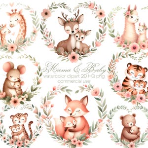 Mãe e bebê animais, clipart de floresta, animal boho PNG, animais bebês PNG, clipart de dia das mães, família animal PNG