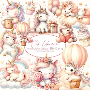 Clipart de unicornio en acuarela, unicornio lindo, unicornio PNG, unicornio bebé, paquete de imágenes prediseñadas de unicornio kawaii lindo en acuarela