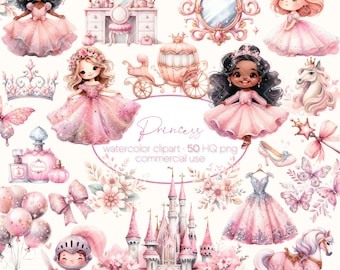 Watercolor Pink Princess Clipart, Little Princess Clipart, Fairytale Clipart, Princess and Castle PNG, Watercolor clipart