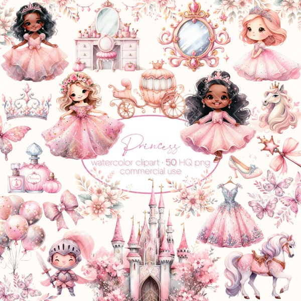 Aquarelle princesse rose Clipart, clipart petite princesse, clipart conte de fées, princesse et château PNG, clipart aquarelle