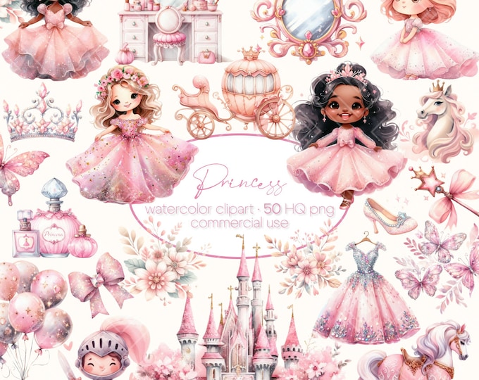 Pink Princess Clipart, Set of 42 PNG Bundle, 300 DPI Clip Art ...