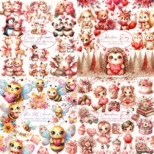 Watercolor Valentine&#39;s Day Clipart Bundle, Sweet Valentine Clipart Bundle, Valentine&#39;s PNG, Love Day, Cute Animals PNG