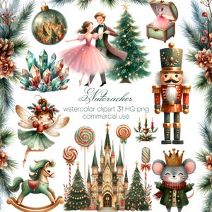 May include: A watercolour clipart set with a Christmas theme. It features a ballerina, a nutcracker, a fairy, a castle, a rocking horse, a mouse king, and other festive elements. The text "Nutcracker" is also present.