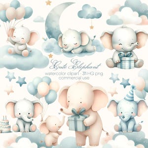 Elefante azzurro, vivaio di elefanti, mongolfiere, doccia per elefanti, decorazioni per elefanti, vivaio di acquerelli
