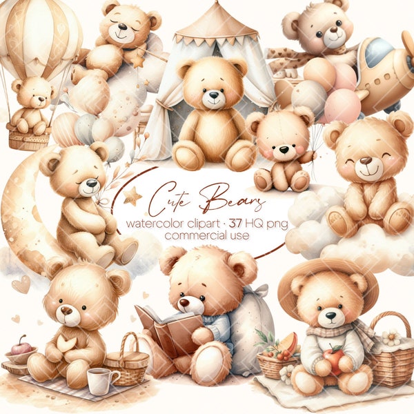 Watercolor Teddy Bear Clipart, Sleeping Teddy Bears, Little Teddy bear, Boho Teddy Bear Clipart, Baby Shower Clipart, Cute Teddy Bear Moon