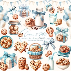 Aquarelas de biscoitos e leite, clipart de leite e biscoitos, biscoito de chocolate, clipart de biscoitos de leite PNG, chá de bebê, primeiro aniversário de menino