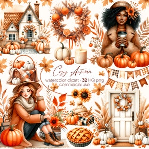 Pacote de clipart aconchegante de outono, Pacote de clipart quente de outono, Clipart de abóbora, Clipart de aquarela de outono, Clipart de suéter e guarda-chuva, Flores de outono