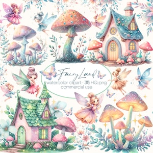 Fairy Garden Watercolor Clipart, Fairies PNG Clipart, Watercolor Clipart, Flowers clipart, Fairy house clipart