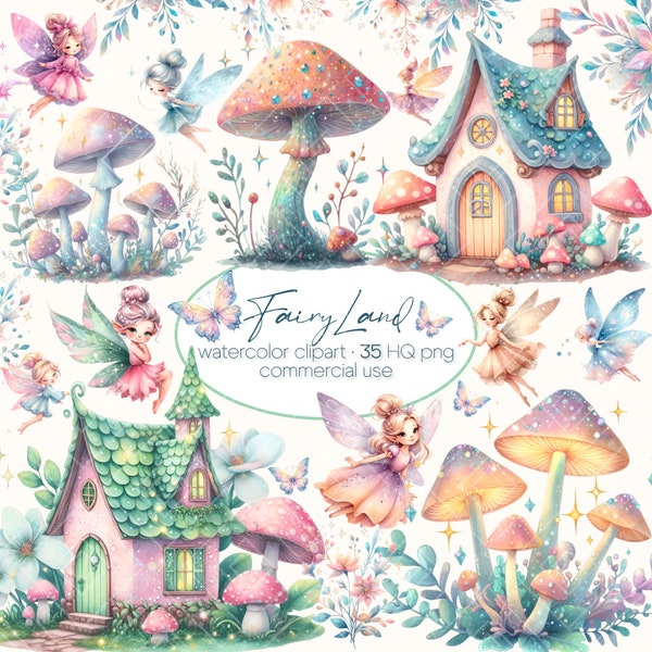 Fairy Garden Watercolor Clipart, Fairies PNG Clipart, Watercolor Clipart, Flowers clipart, Fairy house clipart